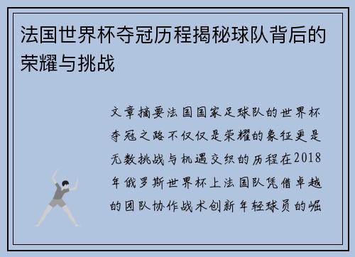 法国世界杯夺冠历程揭秘球队背后的荣耀与挑战