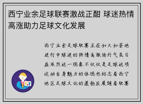 西宁业余足球联赛激战正酣 球迷热情高涨助力足球文化发展