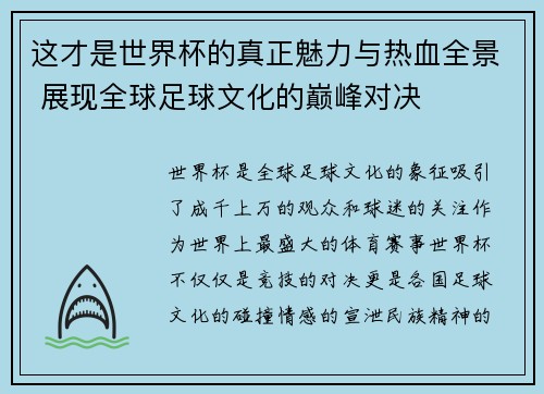 这才是世界杯的真正魅力与热血全景 展现全球足球文化的巅峰对决